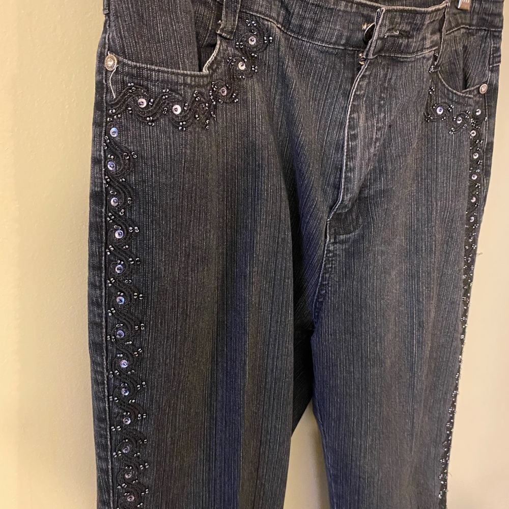 Adolfo Black denim jeans with beaded trim